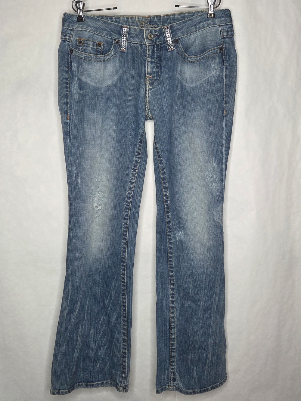 bebe Light Blue Distressed Flare Jeans